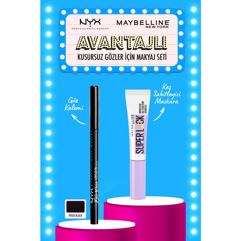 Maybelline New York Super Lock Brow Glue Kaş Sabitleyici Maskara & Nyx Epic Wear Liner Sticks - Pitch Black