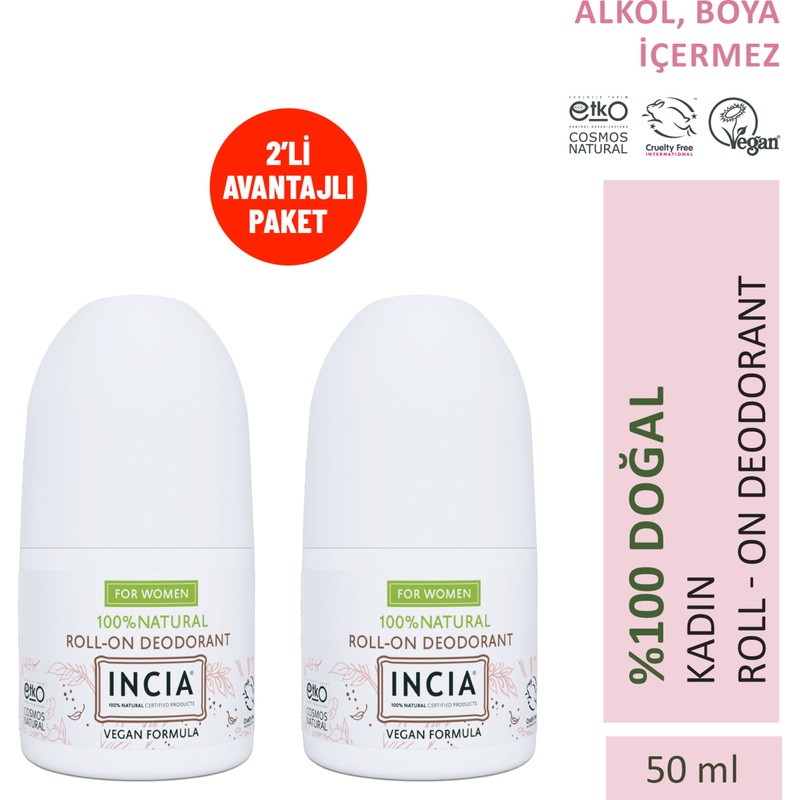 INCIA %100 Doğal Kokusuz Roll On Deodorant Kadınlar İçin 50 ml 2 Parça Avantajlı Paket