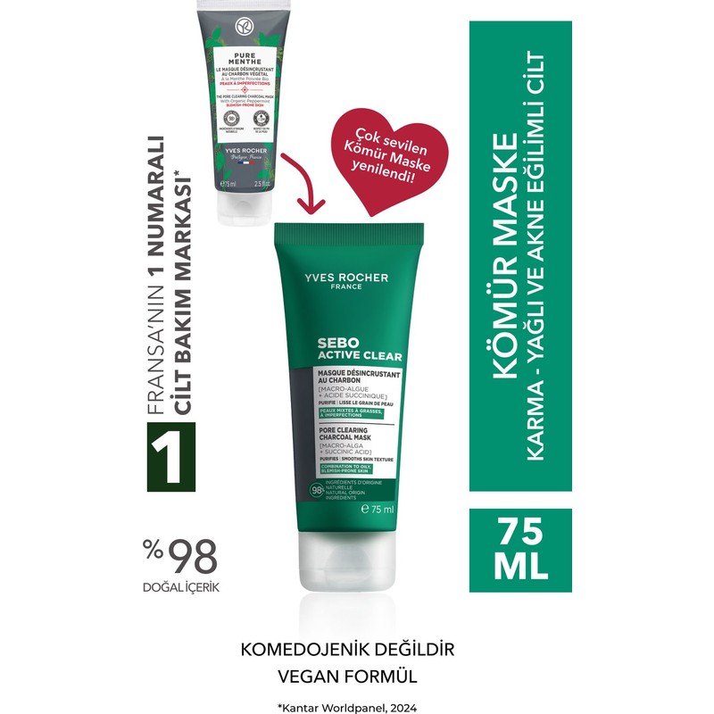 Yves Rocher Arındırıcı Siyah Nokta Karşıtı Kömür Maske-Süksinik Asit-Sebo Active Clear Botanik Kompleks-75ml