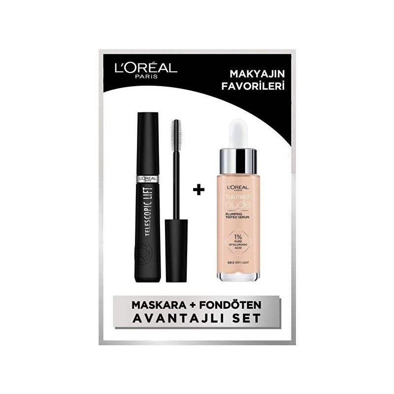 Luua L'oreal Paris Telescopic Lift Maskara & True Match Nude Fondöten Serum 0.5-2 Very Light - Makyajın Favorileri Seti