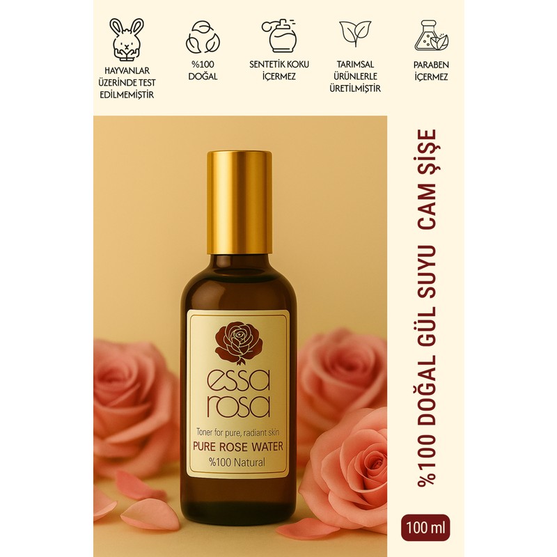 Essa Rosa Gül Suyu Cam Şişe 100 ml - Gözenek Sıkılaştırıcı - Aydınlatıcı - Canlandırıcı - Enerji Yükseltici - Arındırıcı - Saf - Doğal Tonik