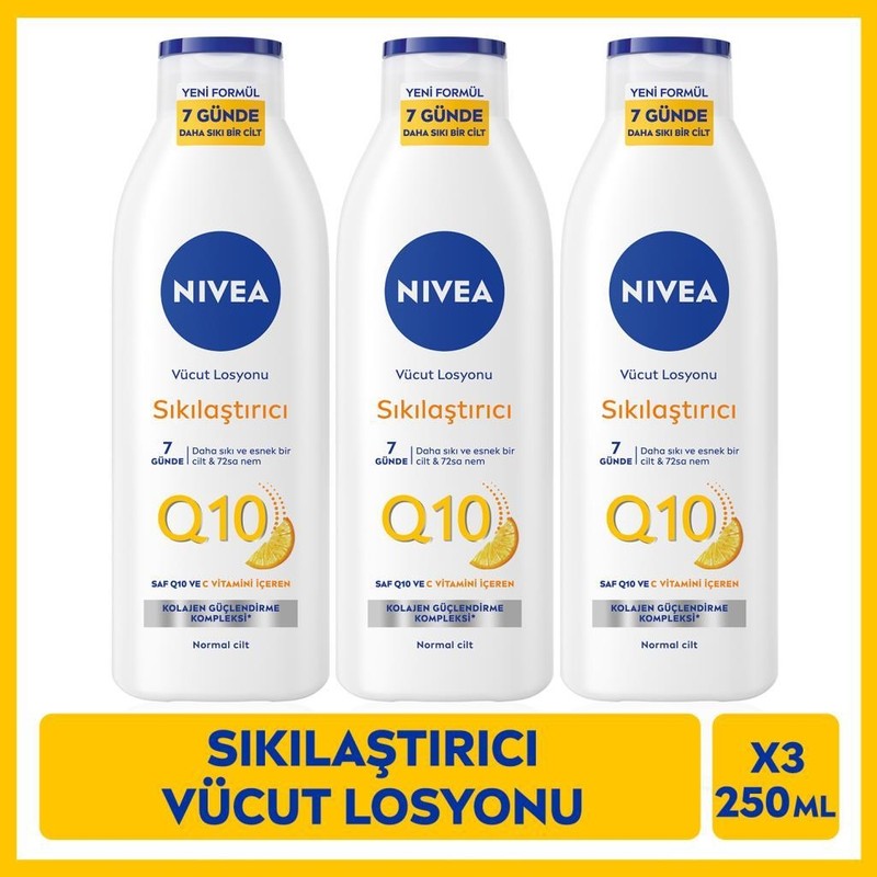Nivea Q10 7 Günde Sıkılaştırıcı Vücut Bakım Losyonu 250ML, Nemlendirici, C Vitamini, X3 Adet