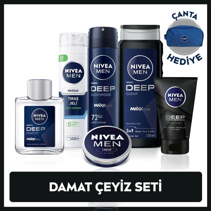 Nivea Men Erkek Seti, Deodorant 150ML, Tıraş Jeli, Losyon, Yüz Temizleme Jeli, Krem,duş Jeli,çanta Hediye