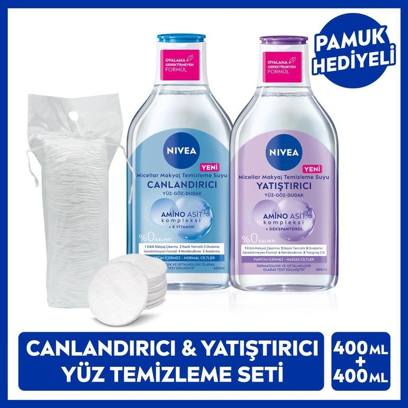 Nivea Canlandırıcı ve Yatıştırıcı Micellar Makyaj Temizleme Suyu Seti 400ML, Amino Asit, Pamuk Hediyeli