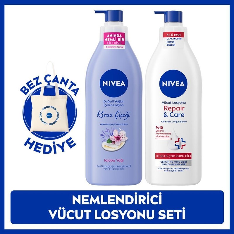 Nivea Repair Care Nemlendirici Vücut Bakım Losyonu 400ML ve Kiraz Çiçeği Vücut Losyonu 400ML,ÇANTA Hediye