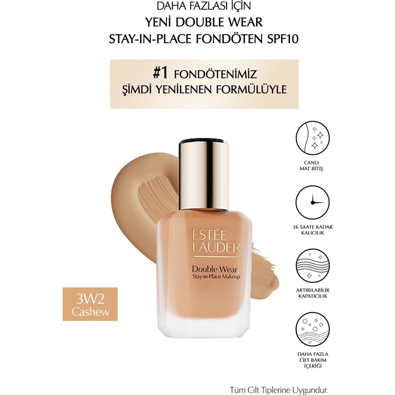 Estee Lauder Double Wear Stay-In-Place Fondöten SPF10 Canlı Mat Bitiş (3W2 Cashew) 30ML