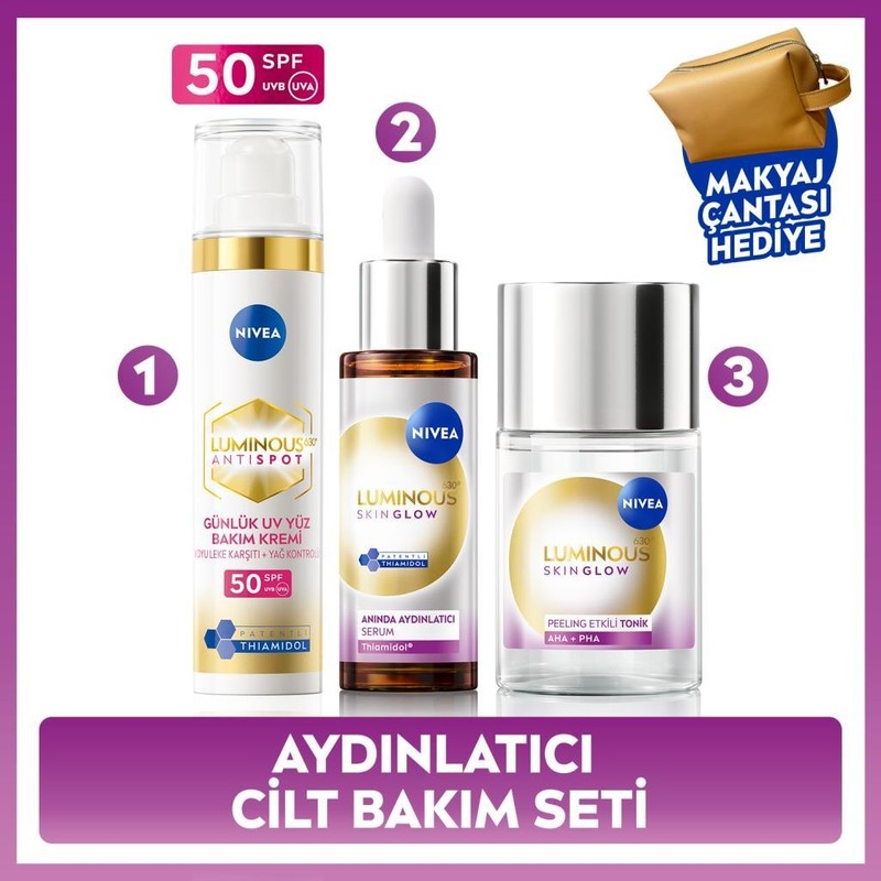 Nivea Leke Karşıtı Aydınlatıcı Cilt Bakım Seti 3 Adet: Yüz Kremi, Serum, Tonik ve Çanta Hediye