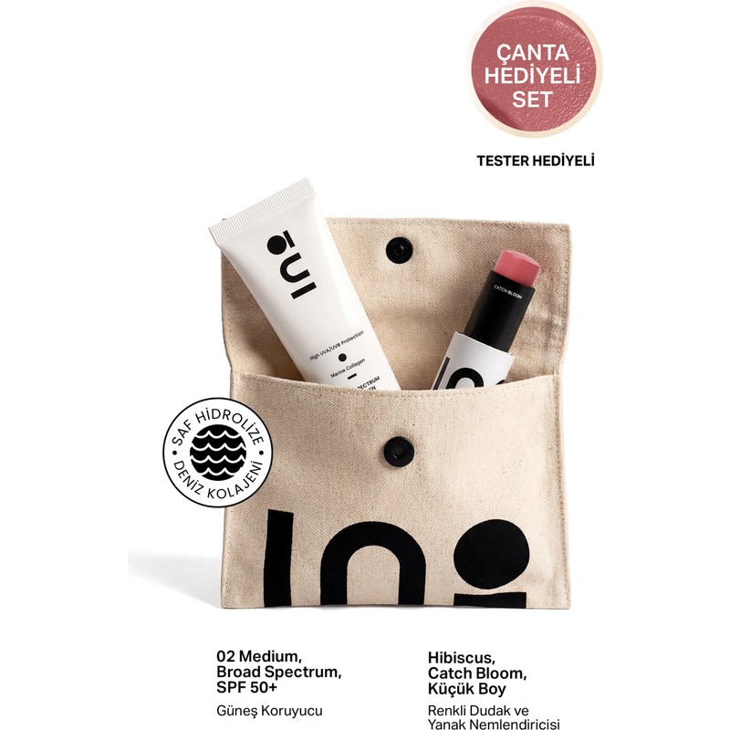 INO Beauty Hibiscus Stick Ruj & Allık 4,5Gr + Nemlendirici Güneş Kremi SPF +50 02 Medium + Makyaj Çantası