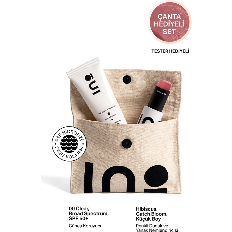 INO Beauty Hibiscus Stick Ruj & Allık 4,5Gr + Nemlendirici Güneş Kremi SPF+50 00 Clear + Makyaj Çantası