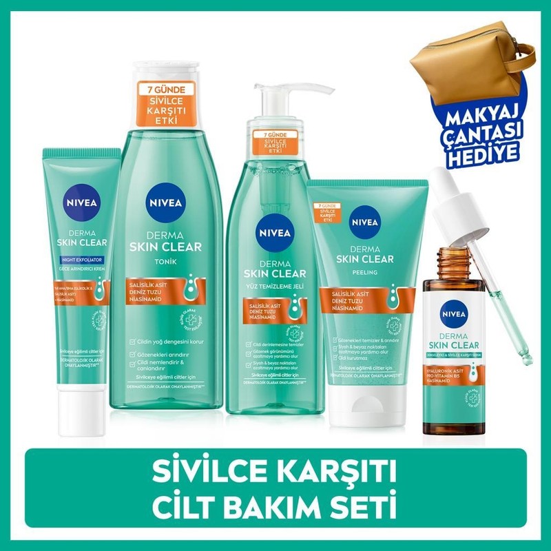 Nivea Derma Skin Clear Sivilce Karşıtı Set, Serum, Yüz Temizleme Jeli,tonik, Peeling, Gece Kremi ve Çanta