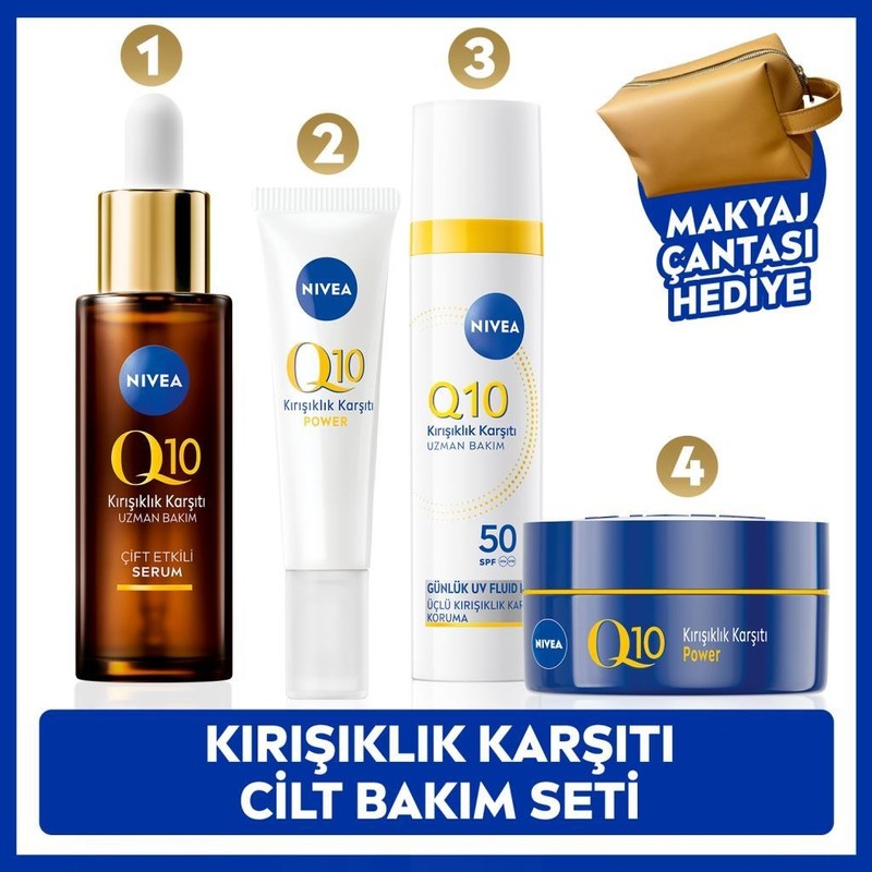 Nivea Q10 SPF50 Güneş Koruyucu Yüz Kremi 40ML, Kırışıklık Karşıtı Serum, Göz ve Gece Kremi, Çanta Hediye