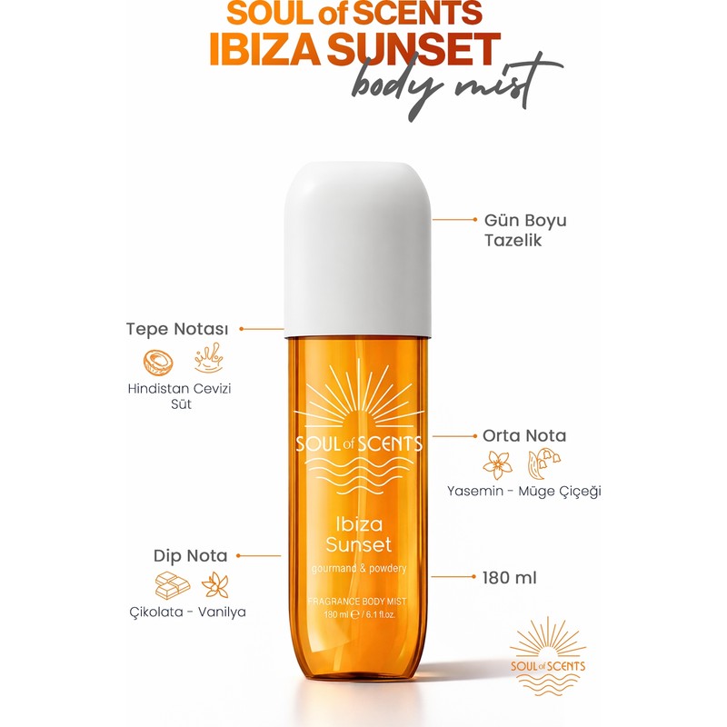 Soul of SCENTS Ibiza Sunset Aromatik Kokuya Sahip SOUL of SCENTS Body Mist 180 ml Günlük Kullanım İçin İdeal