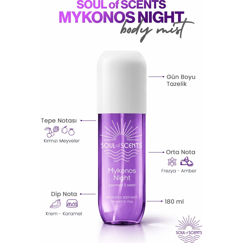 Soul of SCENTS Mykonos Night 180 ml Kadın Body Mist Oryantal Koku Hafif ve Ferah Formül