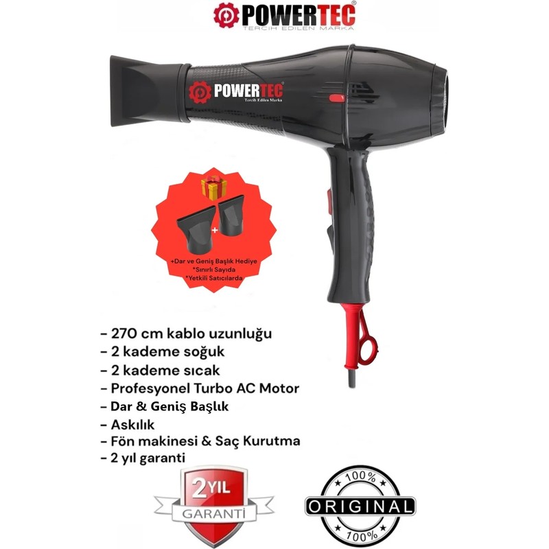 Powertec TR-701 Kuaför Tipi Profesyonel Fön Makinesi 2500W Performans