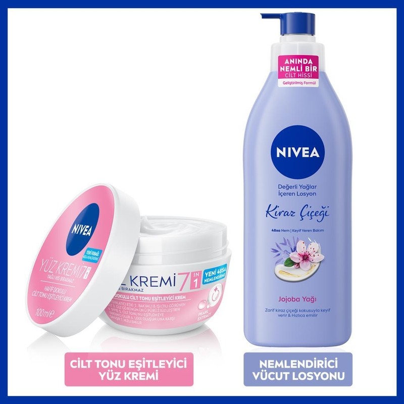 Nivea Kiraz Çiçeği Nemlendirici Vücut Losyonu 400ML ve Cilt Tonu Eşitleyici Yüz Kremi 100ML, Bakımlı Cilt