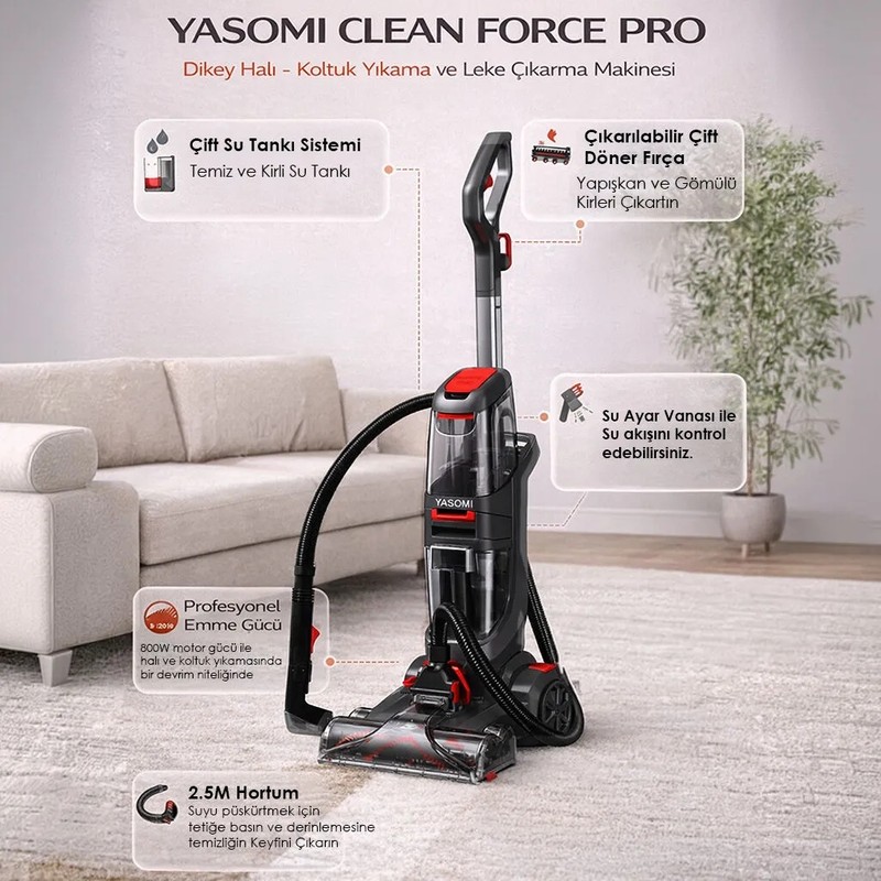 Yasomi VCW95 Clean Force Pro Dikey Halı Koltuk Yıkama ve Leke Çıkarma Makinesi - En Uygun Fiyatlarla Piinti'de