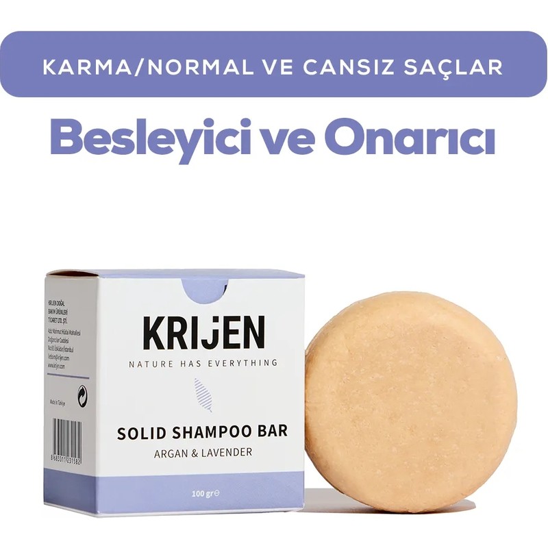 Krijen Argan & Lavanta Besleyici Katı Şampuan 100 gr Bitki Özlü Kuru Normal Saçlar İçin