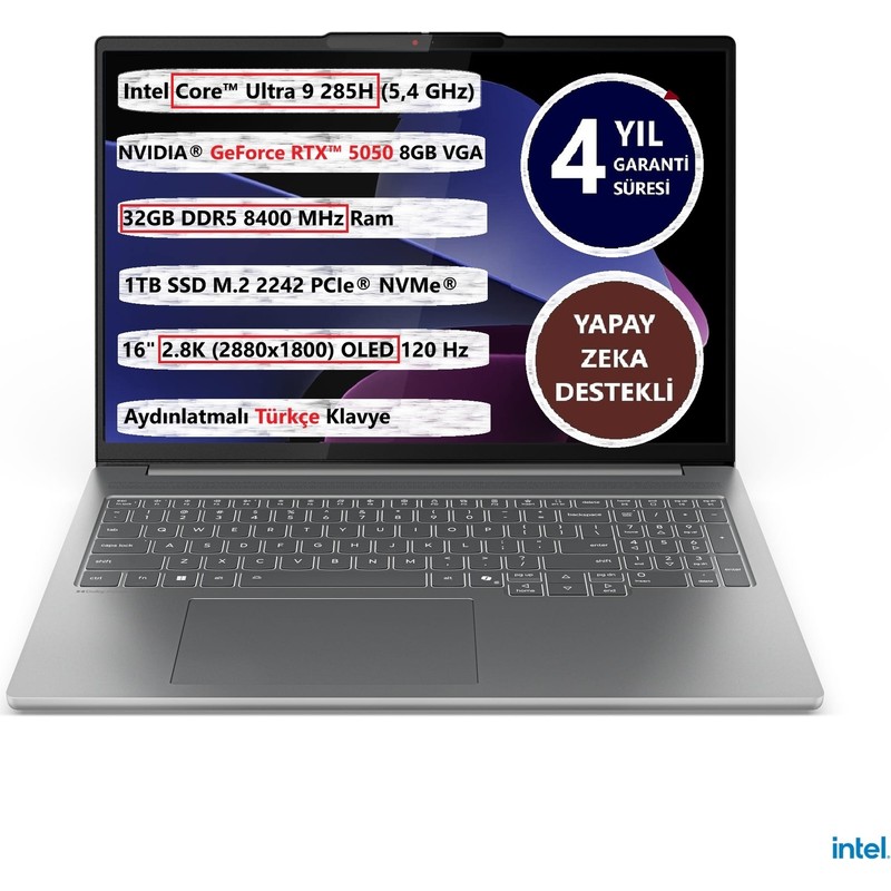 Lenovo Ideapad Pro 5 16IAH10 Intel Ultra 9-285H 32GB 1tb SSD 16" OLED 8GB NVIDIA RTX5050 83JM004WTR Freedos Taşınabilir Bilgisayar - En Uygun Fiyatlarla Piinti'de