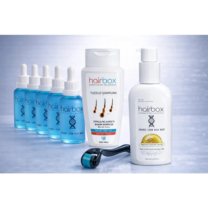 hairbox HAİRBOX Erkek Saç Serum, Saç Serum Seti ( 5'li Serum, 1 Şampuan, 1 Saç Bakım Yağ, 1 Dermaroller )
