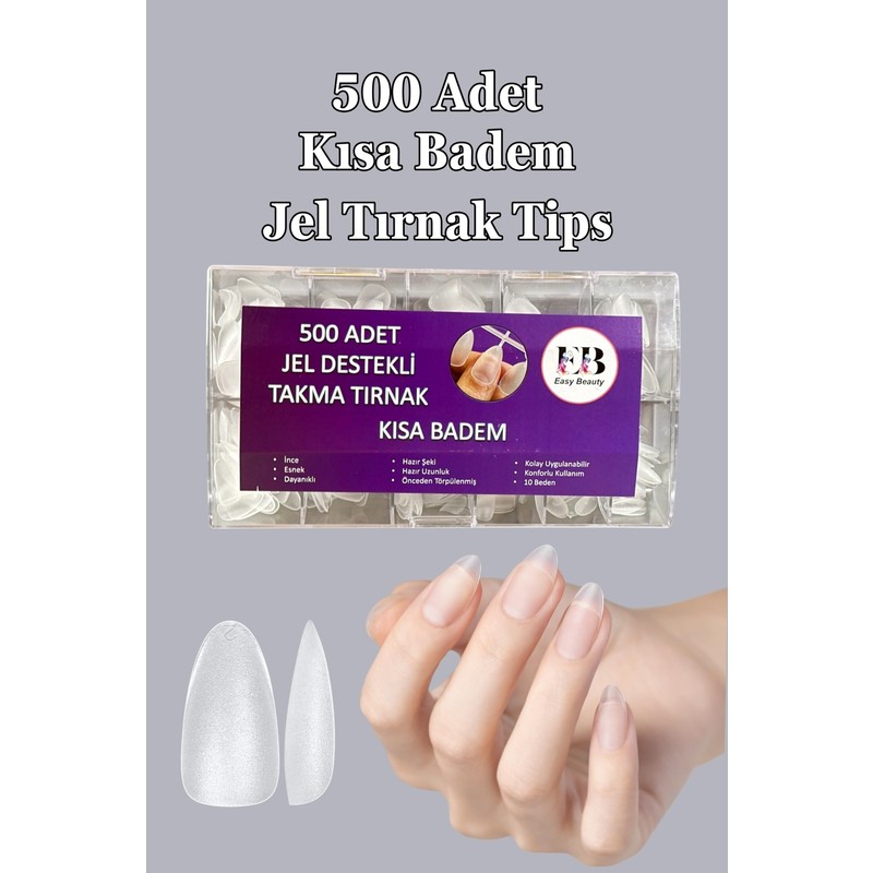 Easy Beauty 500 Adet Kısa Badem Jel Tips Yeni Nesil Takma Tırnak Seti Easy Beauty