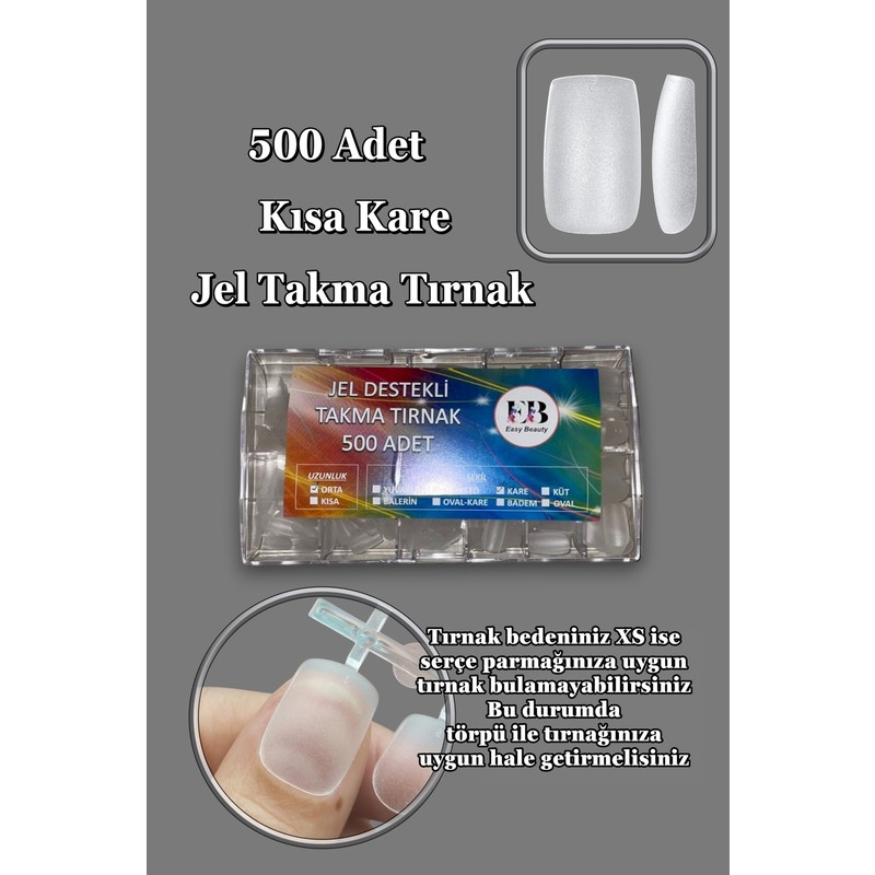 Easy Beauty 500 Adet Kısa Kare Jel Tips Yeni Nesil Takma Tırnak Seti Easy Beauty