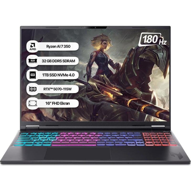 Acer Nitro 16S Aı NH.QXKEY.002 R7 Aı 350 32GB 1tb SSD RTX5070-8GB 16" Wqxga 180Hz Dos Taşınabilir Bilgisayar - En Uygun Fiyatlarla Piinti'de