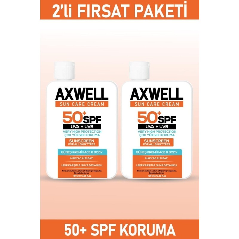 Axwell 2li Seti Leke Karşıtı Nemlendirici Güneş Kremi 100 ml SPF 50+ Tüm Cilt Tipleri İçin Yüksek Koruma