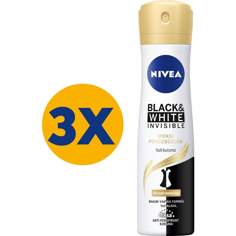 Nivea Black&White Invisible Kadın Sprey Deodorant 150 ml x3 İpeksi Pürüzsüzlük ve Hızlı Kuruma