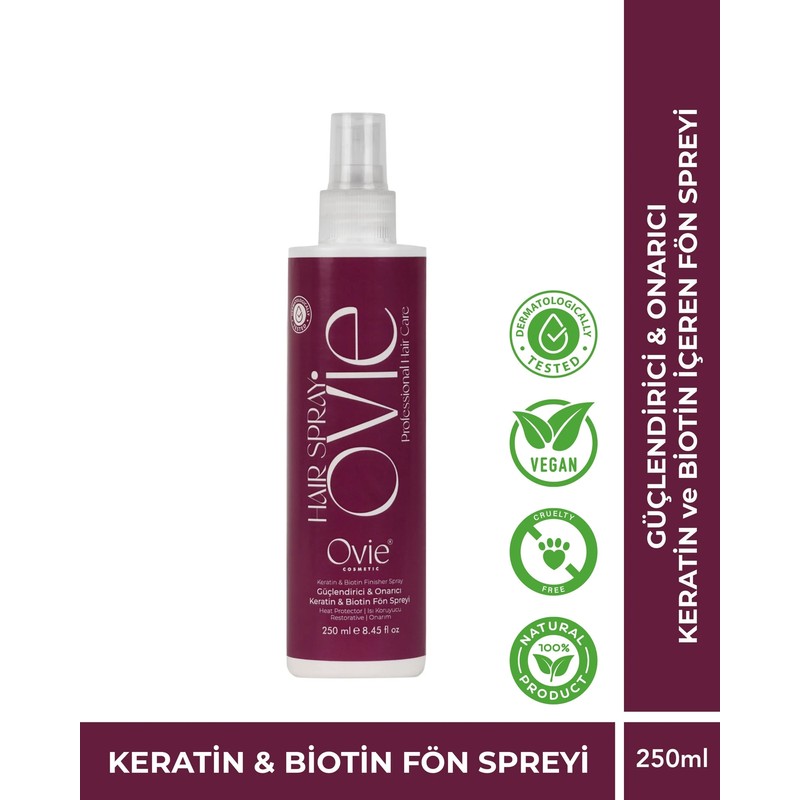 Ovie Keratin & Biotin Fön Spreyi 250 ml – Isı Koruyucu Onarıcı Saç Şekillendirici Sprey