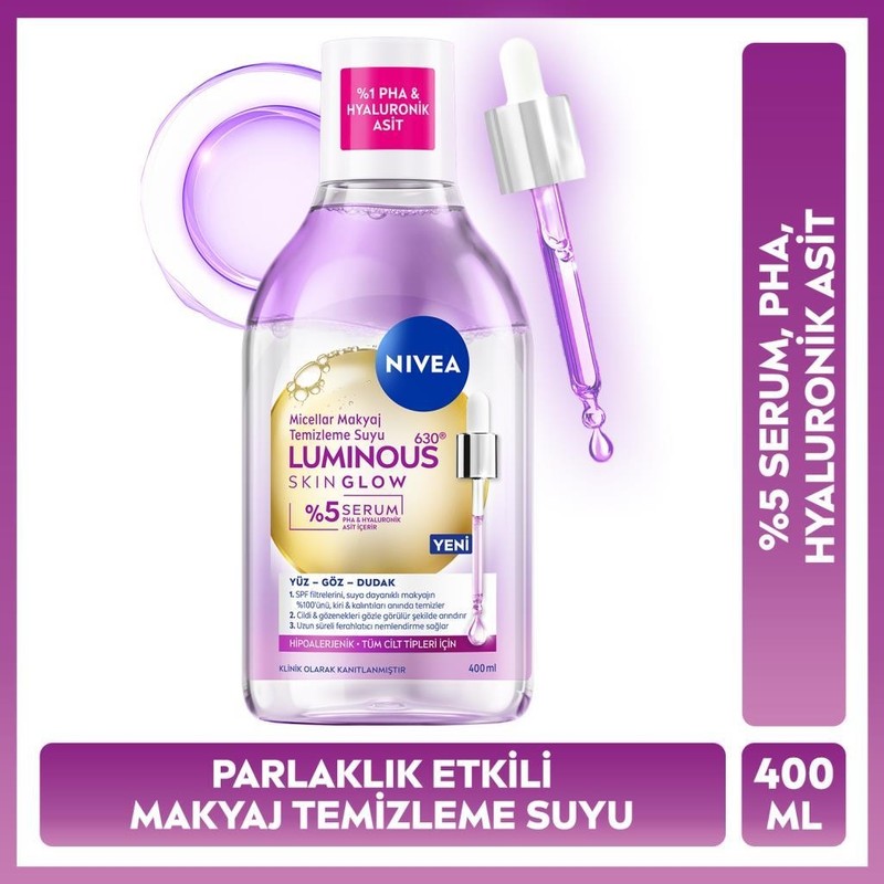 Nivea LUMINOUS630 Skin Glow Parlaklık Etkili Micellar Makyaj Temizleme Suyu 400ML %5 Serum ve Hyaluronik Asit İçerir