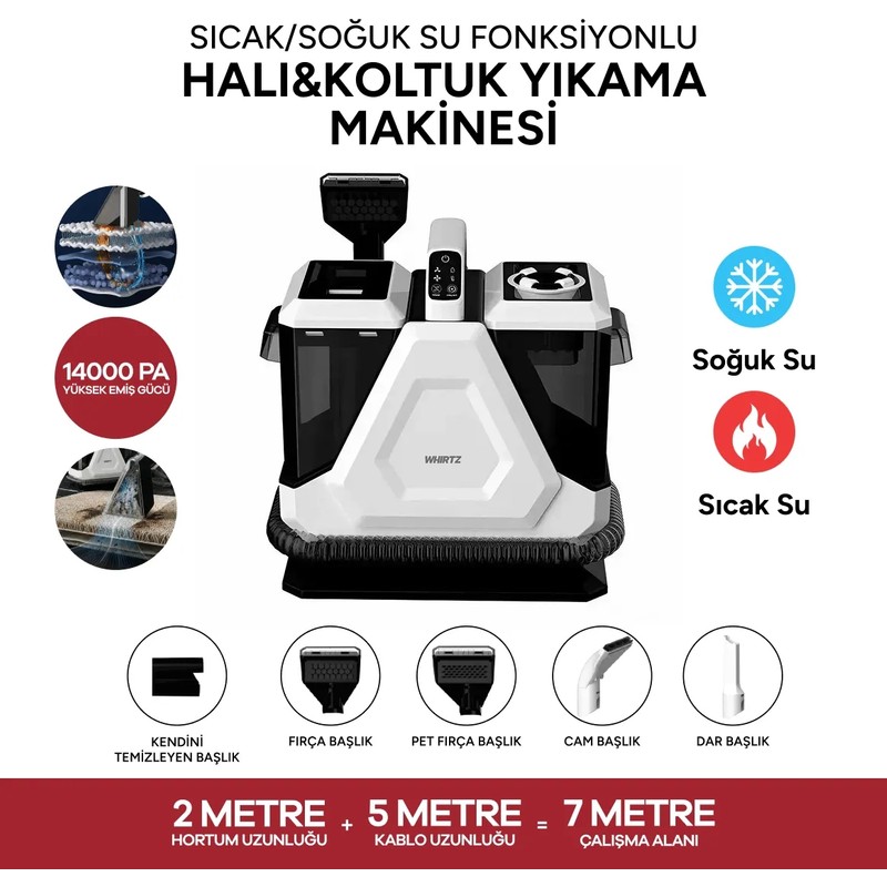 Whirtz Sıcak/Soğuk Fonksiyonlu Halı ve Koltuk Yıkama Makinesi 1300 W Motor Gücü ile Buharlı Temizlik - En Uygun Fiyatlarla Piinti'de