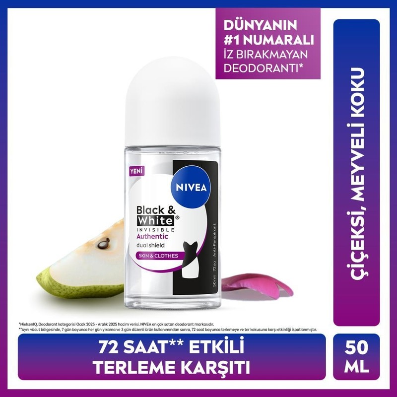 Nivea Kadın Roll On Deodorant Black&white Authentic 50 Ml,terleme Karşıtı,meyve,çiçek Kokusu,kumaş Koruma