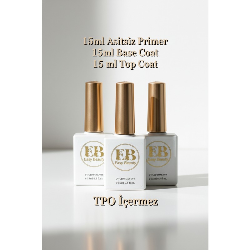 Easy Beauty Primer Base Coat Top Coat Seti 15ML – Kalıcı Oje ve Protez Tırnak Easy Beauty