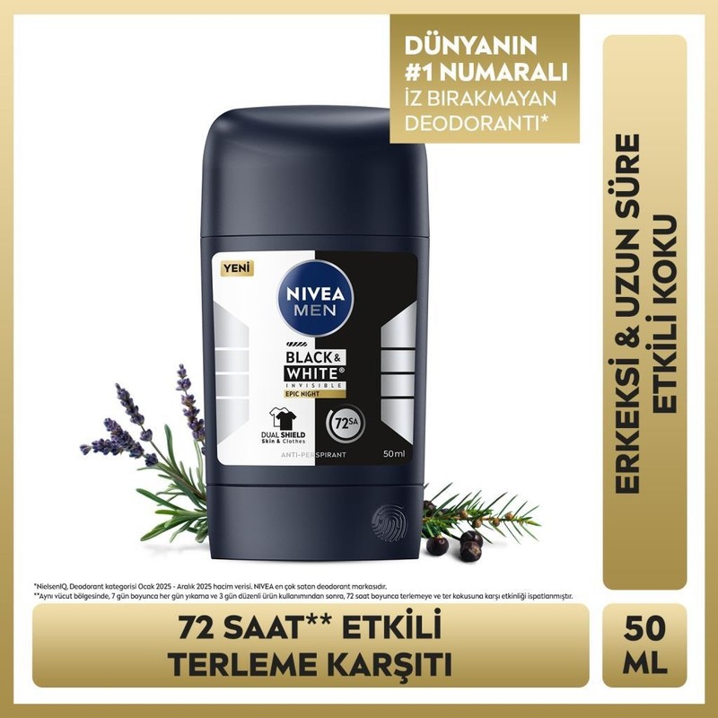 Nivea Men Erkek Stick Deodorant Black&white Epic Night 50 Ml,terleme Karşıtı,kumaş Koruması,alkolsüz