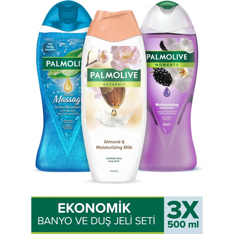 Palmolive Massage 500 ml Aromalı Duş Jeli Seti 3 Adet Doğal Badem Etkisi ile Ferahlatıcı