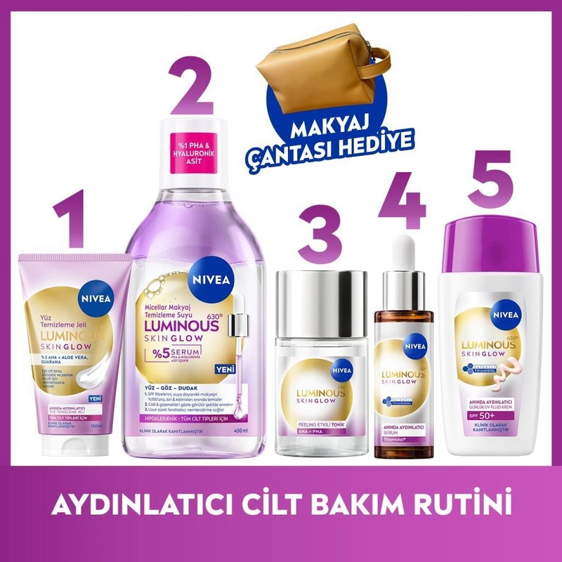Nivea Skin Glow Aydınlatıcı Bakım Seti Makyaj Temizleme Suyu, Temizleme Jeli, Tonik, Serum ve Yüz Kremi