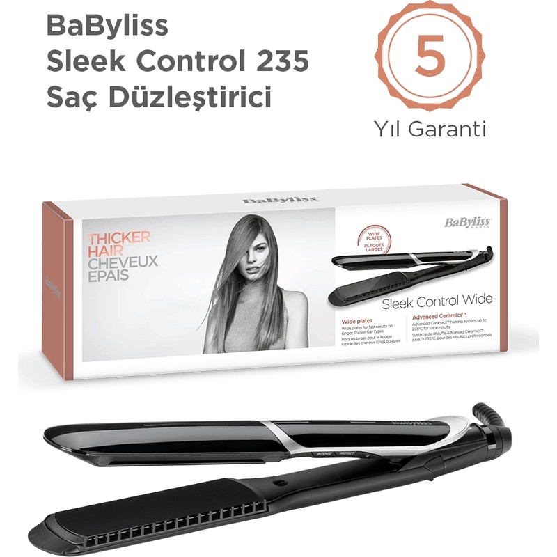 Babyliss Sleek Control 35 mm 235 Derece Turmalin Seramik Plaka Tarak Aparatlı Saç Düzleştirici Siyah ST397E