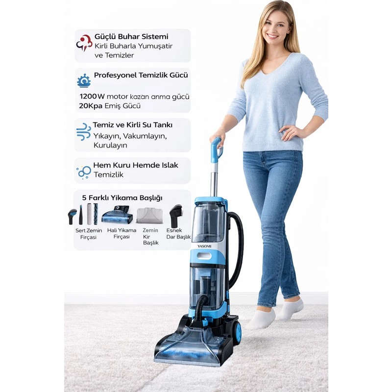 Yasomi T20 Pro HydroStream 20kPa Buhar Fonksiyonlu Dikey Halı Yıkama Koltuk Yıkama ve Buharlı Paspas Makinesi - En Uygun Fiyatlarla Piinti'de