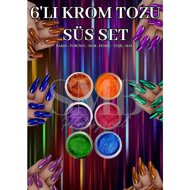 SMB Profesyonel Krom Toz Kalıcı Oje Naıl Art 6 Lı Set Tırnak Süsleme
