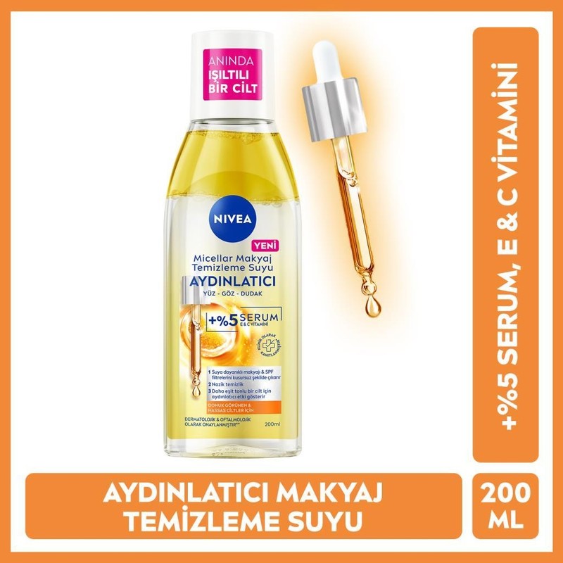 Nivea Aydınlatıcı Micellar Makyaj Temizleme Suyu 200ML, Serum Etkili, C Vitamini,parlak Cilt