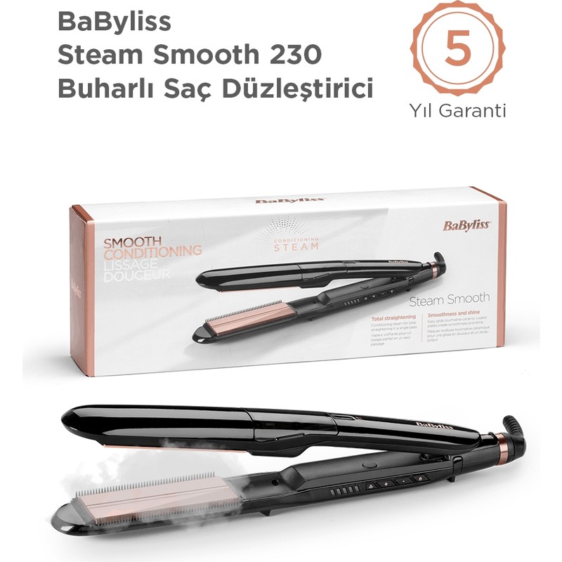 Babyliss Steam Smooth 39MM 230 Derece 5 Isı Ayarı Turmalin Seramik Iyon Etkili Buharlı Saç Düzleştirici ST493E