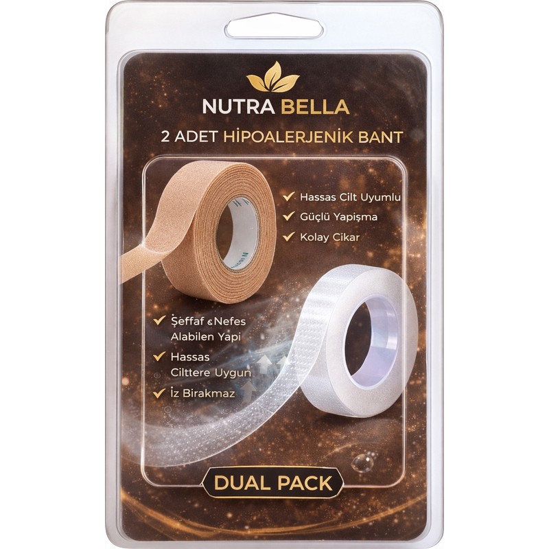 Nutrabella Ipek Kirpik, Eyeliner, Hassas Cilt Uyumlu, Nefes Alabilen |şeffaf + Ten Rengi Medikal Bant 2’li Set