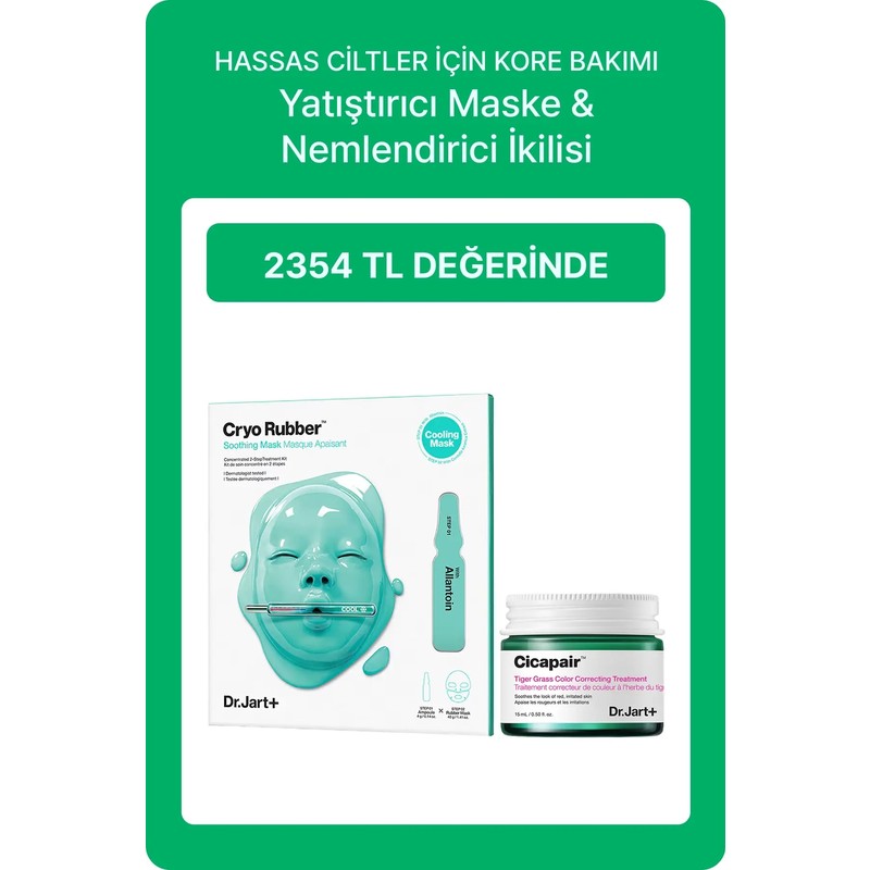 Dr. Jart+ Hassas Ciltler İçin Yatıştırıcı & Nemlendirici Bakım Seti | Cryo Rubber Maske + Cicapair Krem 15ml