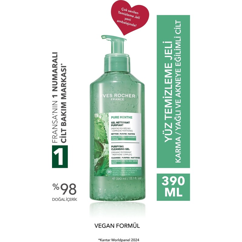 Yves Rocher Pure Menthe Arındırıcı Yüz Temizleme Jeli 390 ml Karma Yağlı Ciltler İçin Nane Yağı
