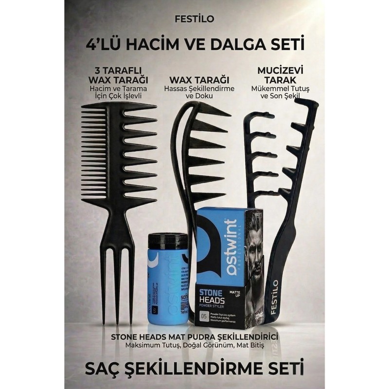 Festilo Mucizevi Hacim ve Dalga Saç Şekillendirme Tarak Seti 4'lü Wax ve Şekil Tarak Seti