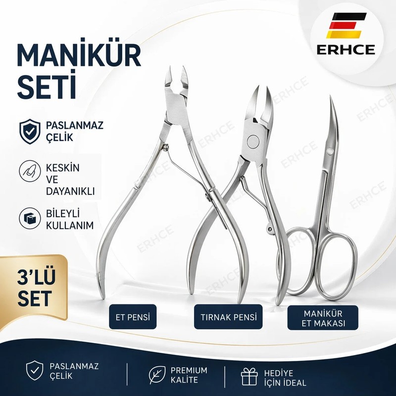 ERHCE Et Pensi + Tırnak Pensi + Manikür Et Makası 3'lü Solingen Ocean Set