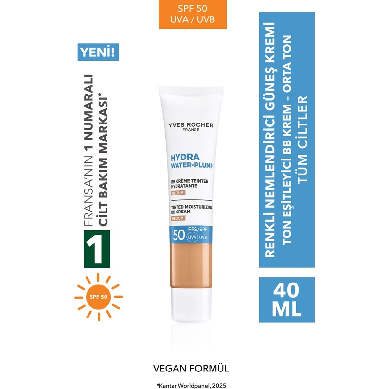 Yves Rocher Ton Eşitleyici BB Krem 50 SPF Tüm Ciltler İçin Orta 40 ml Hydra Water Plump Nemlendirici