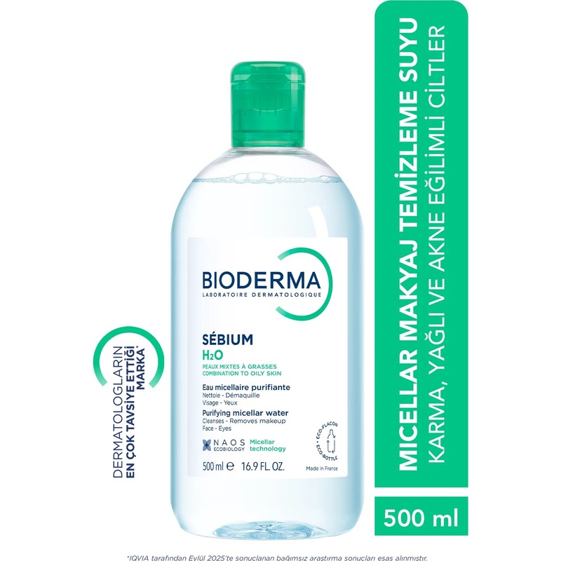 Bioderma Sebium H2O Karma, Yağlı ve Akne Eğilimli Ciltler için Micellar Makyaj Temizleme Suyu 500 ml