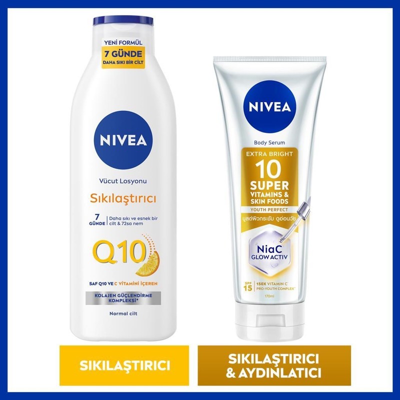 Nivea Q10 Sıkılaştırıcı Vücut Losyonu 250 ml ve SUPER10 Aydınlatıcı,sıkılaştırıcı Vücut Serumu 150 ml