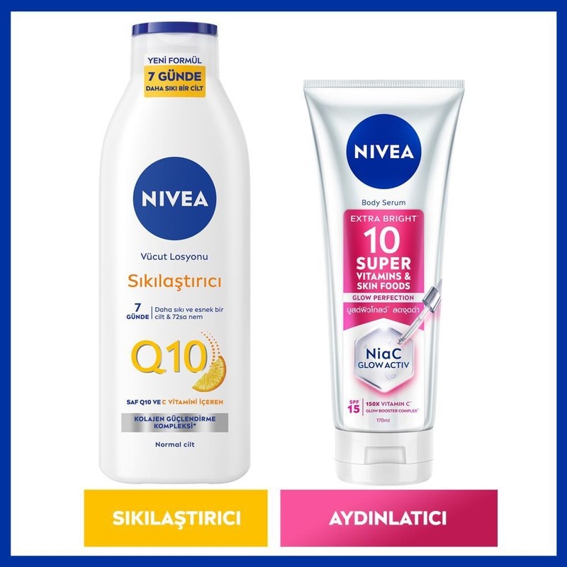 Nivea Q10 Sıkılaştırıcı Vücut Losyonu 250 ML,SUPER10 Aydınlatıcı Vücut Serumu 170 Ml, Vücut Bakım Seti